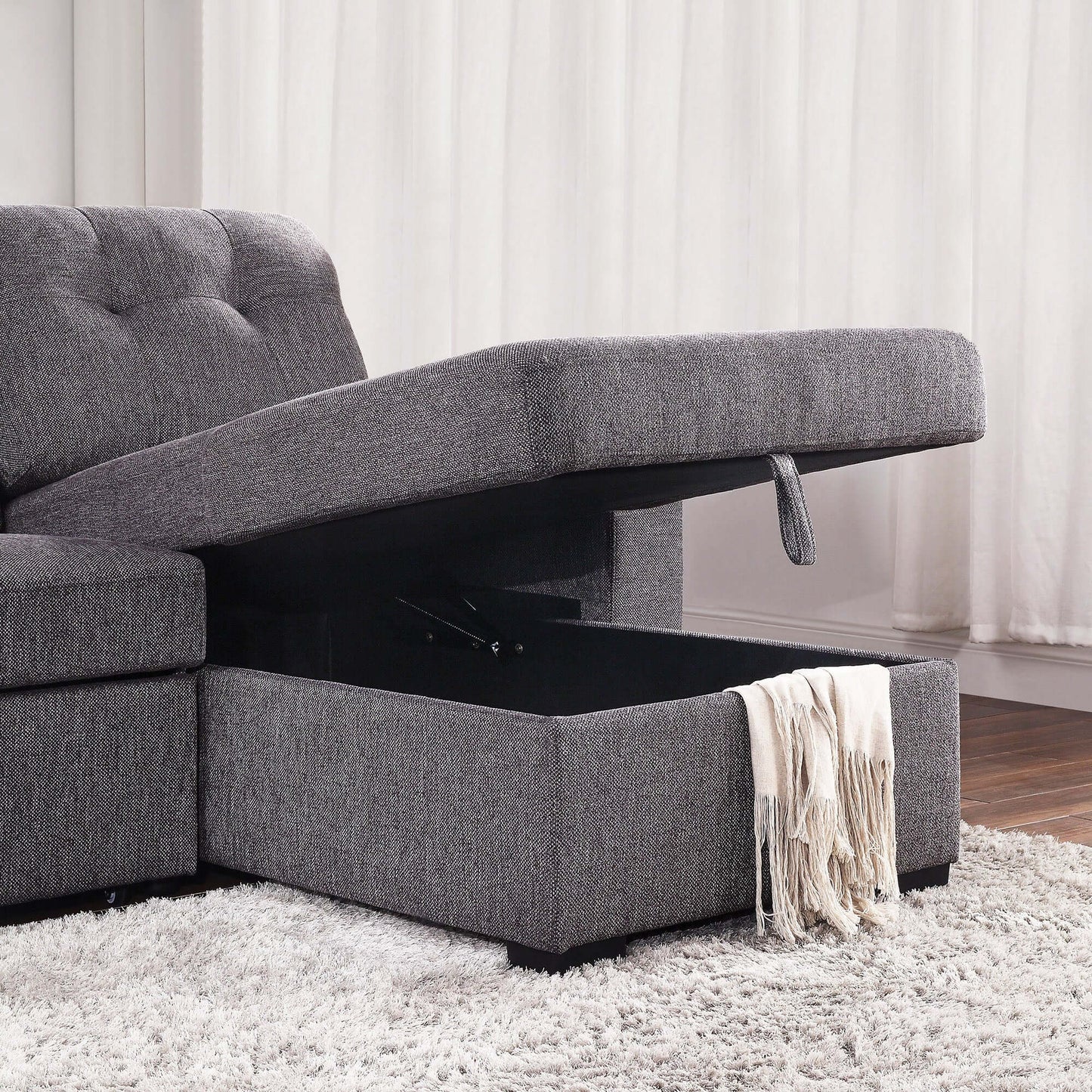 Tyson 93" Sectional Sofa w/Bed & Storage in Charcoal- open front view