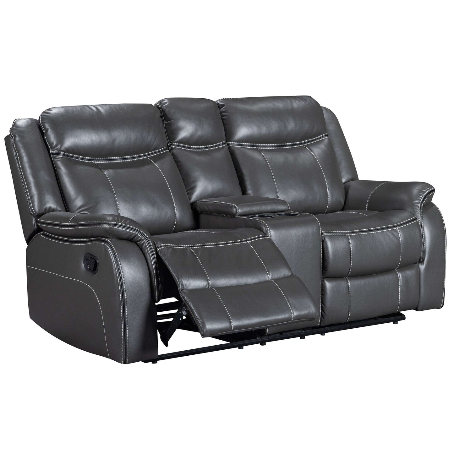 Declan 75 in. Reclining Loveseat with Cupholder Console- open front and side view
