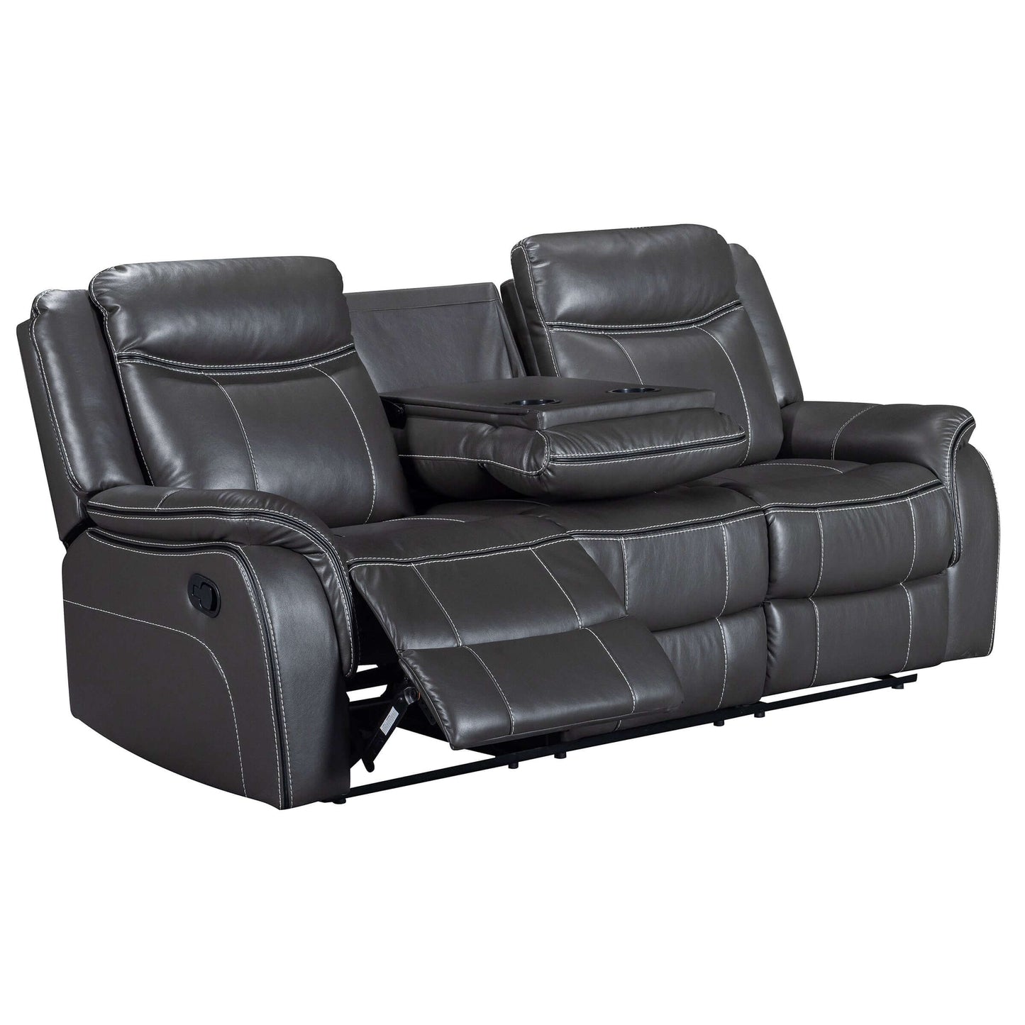 Declan 85 in. Dark Grey Motion Sofa with Cupholder- open front and side view