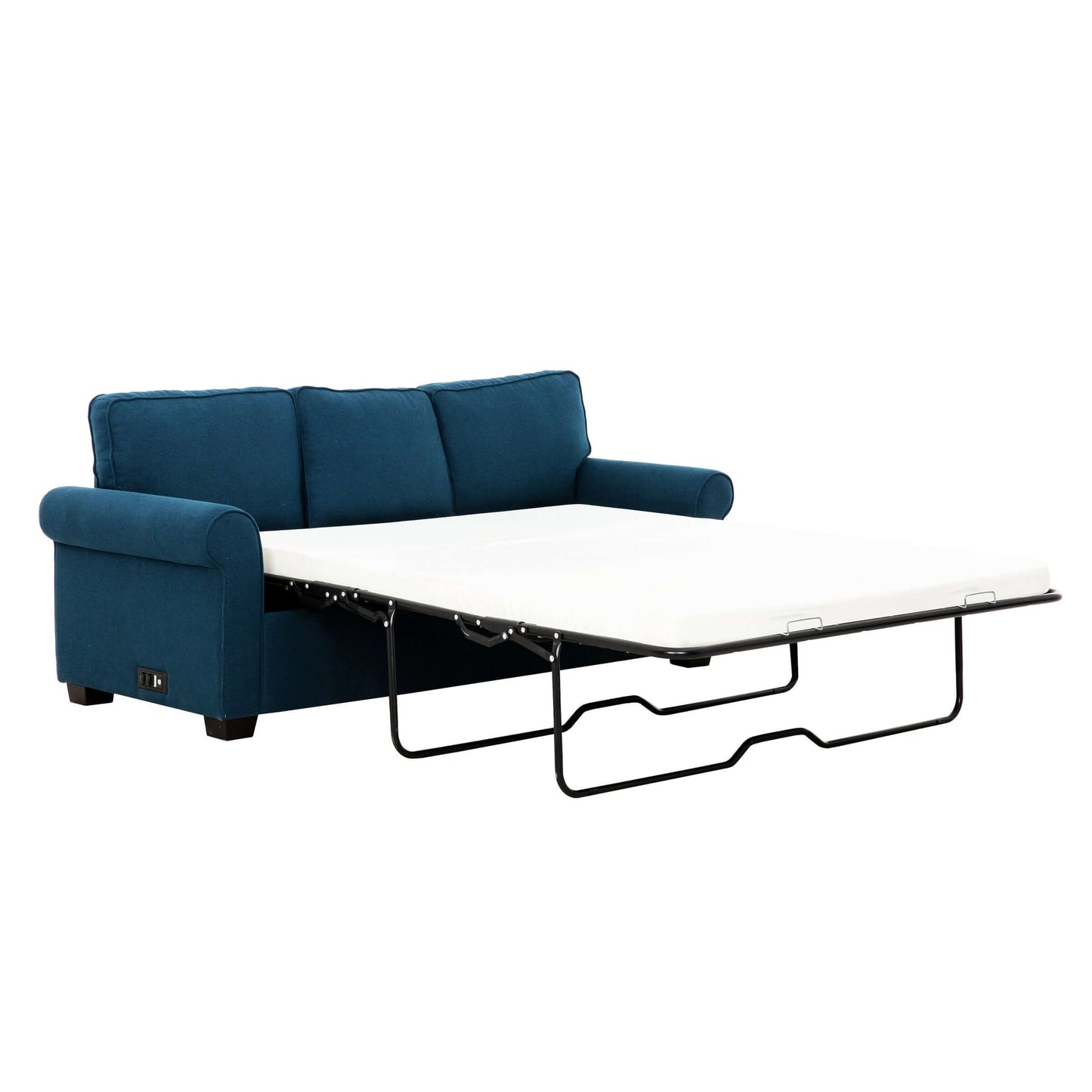 Marisol 80 in. Queen Sleeper Sofa with USBs/Outlets- front and side view converted