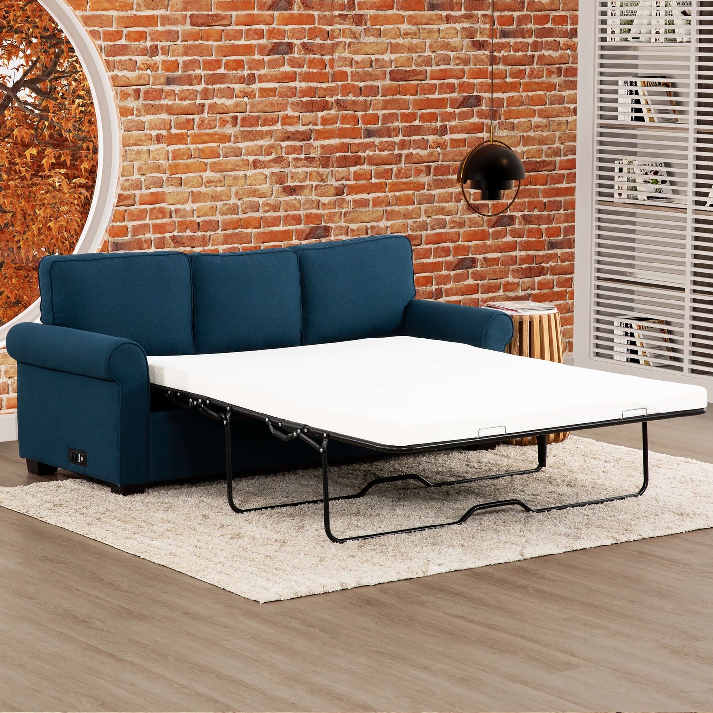 Marisol 80 in. Queen Sleeper Sofa with USBs/Outlets- front and side view converted