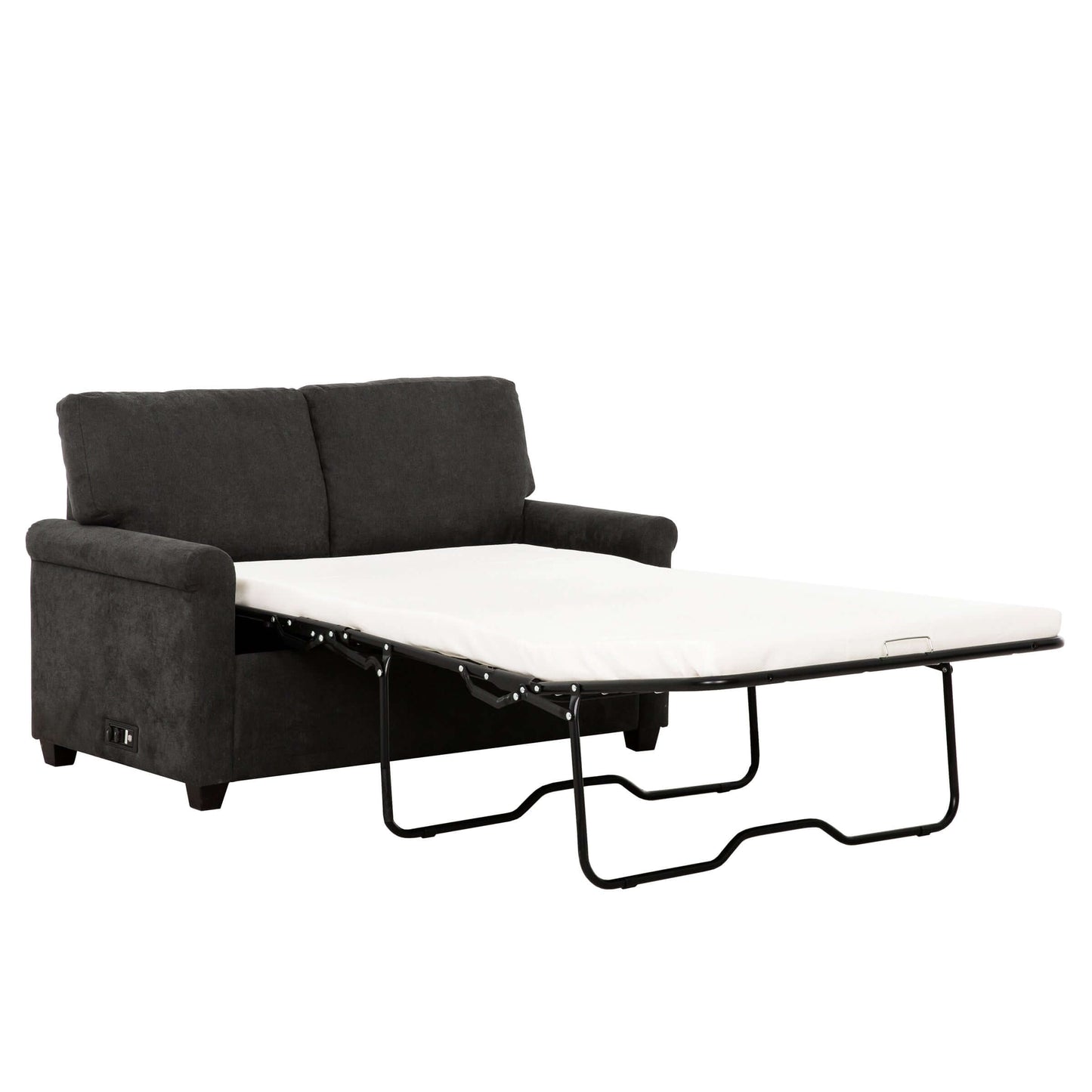 Kensington 54 in. Convertible Twin Sleeper Sofa with USB Ports- front and side view converted