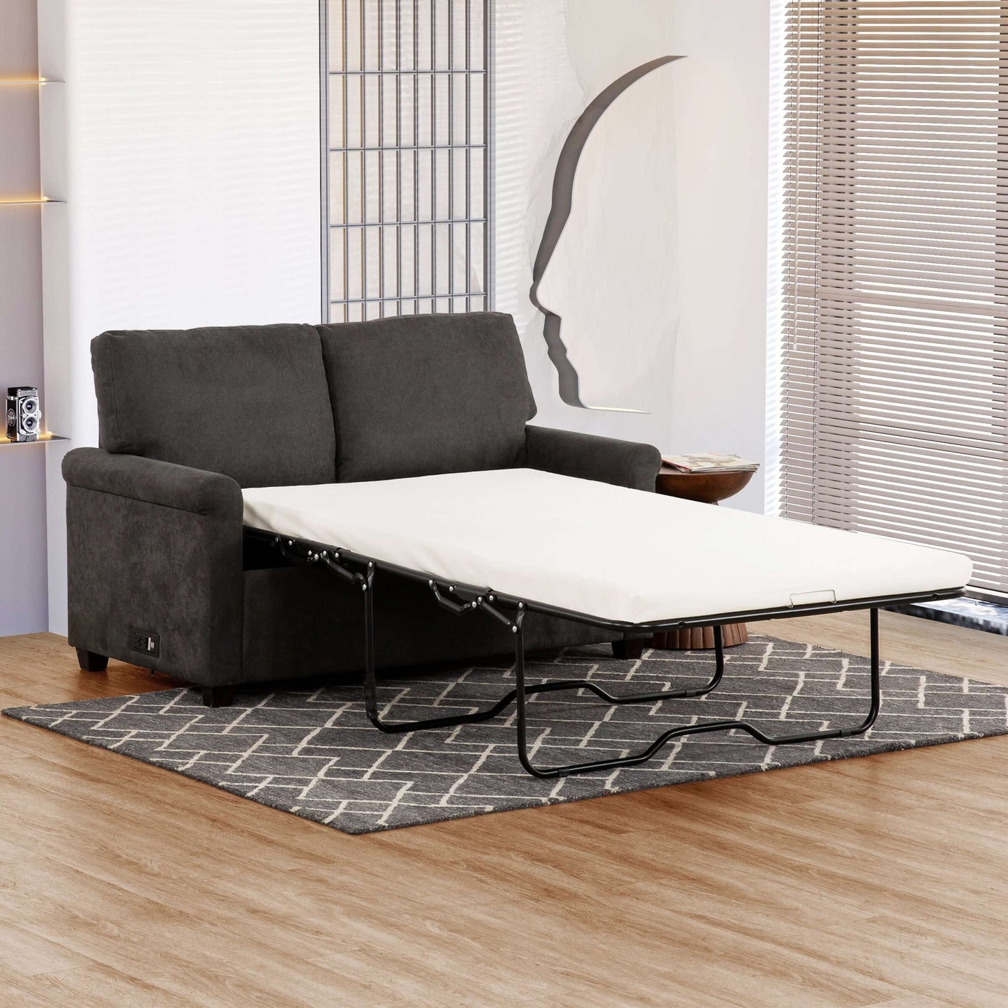 Kensington 54 in. Convertible Twin Sleeper Sofa with USB Ports- front and side view converted