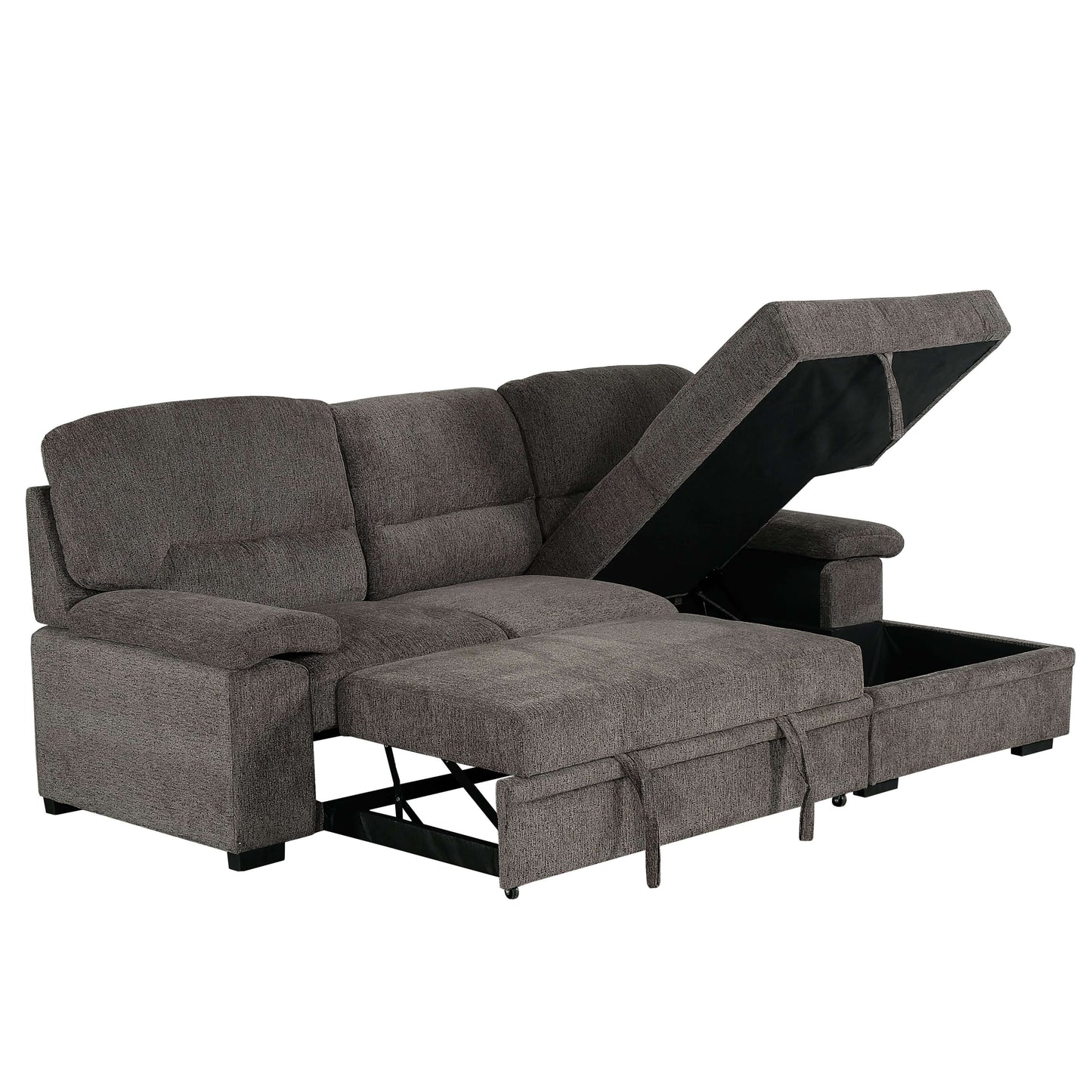 Danilo 102 in. Right Facing Sleeper Sectional- front and side view with sectional lifted
