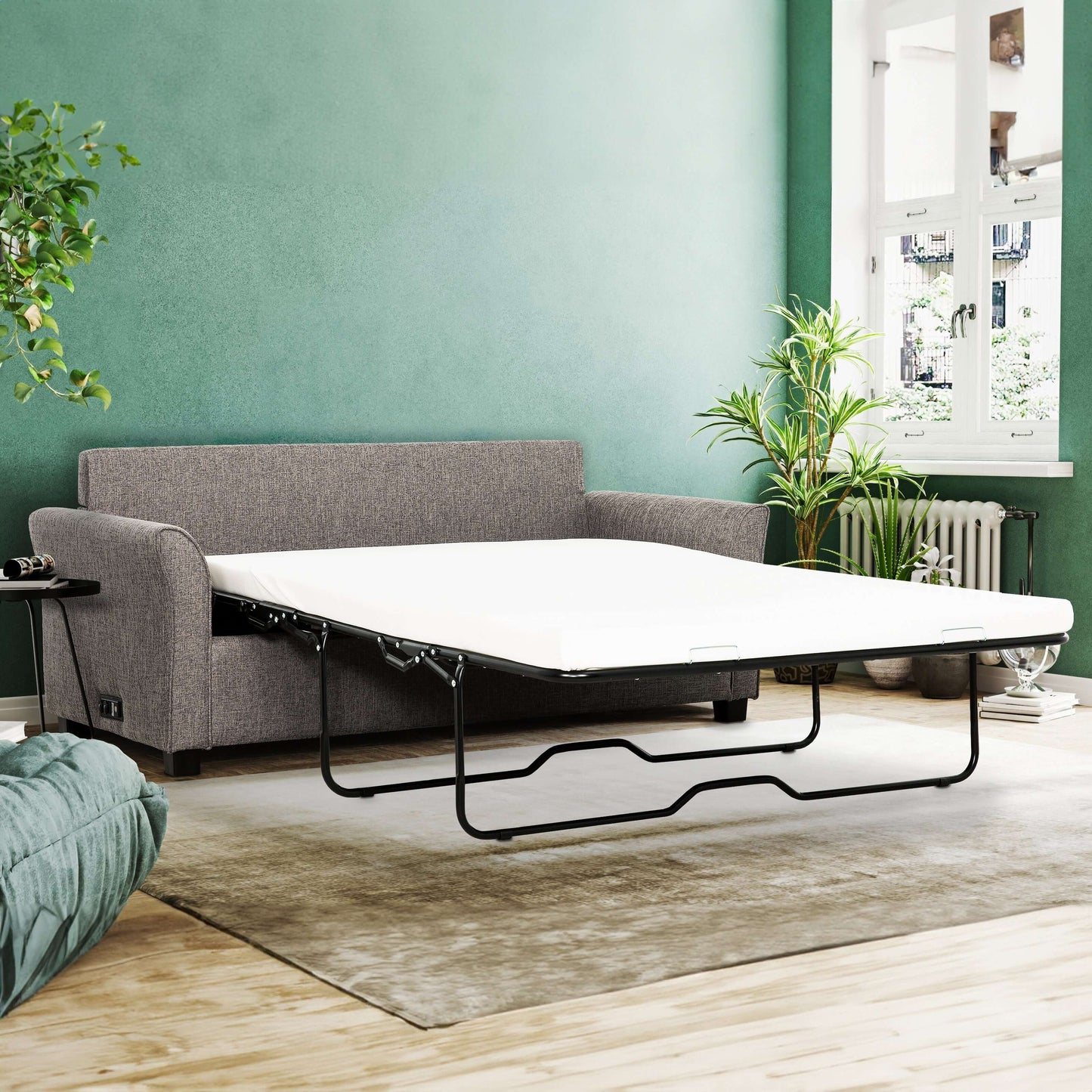 Honor 73 in. Convertible Full Sleeper Sofa with USB- front and side view converted