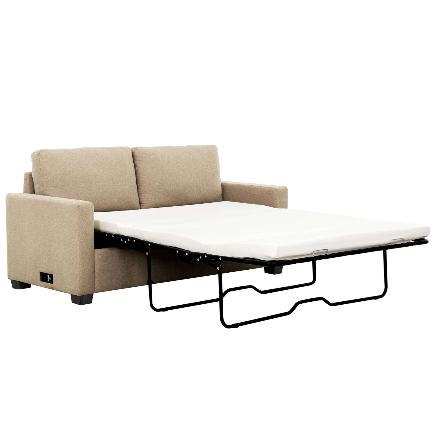 Reign 73 in. Convertible Full Sleeper Sofa with USB Port- front and side view converted