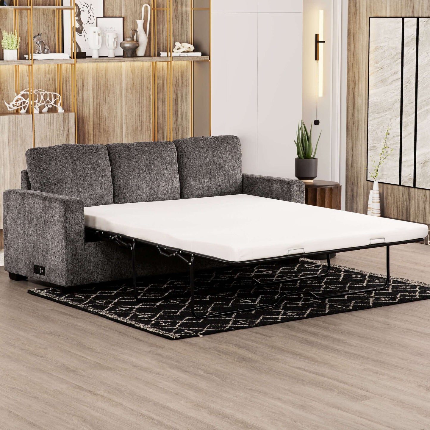 Valencia 77 in. Convertible Queen Sleeper Sofa with USB Ports-front and side view extended