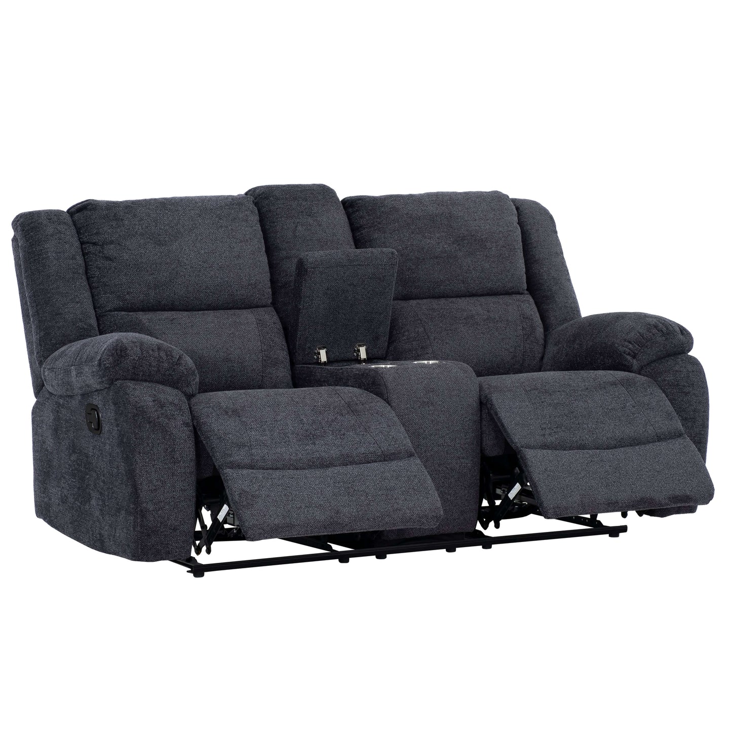 Arthur 76 in. Reclining Loveseat with Cupholder Console- open front and side view