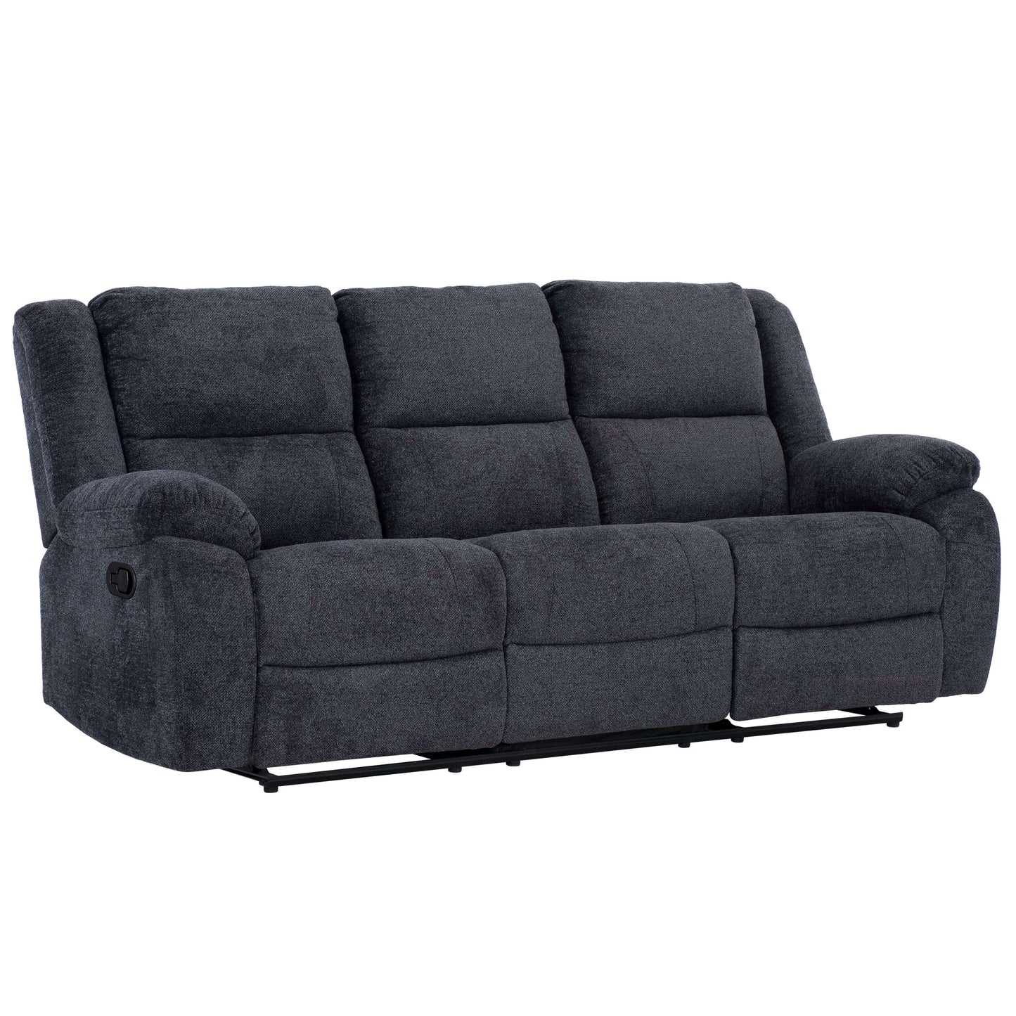 Arthur 87 in. Upholstered Reclining Sofa in Charcoal- front and side view