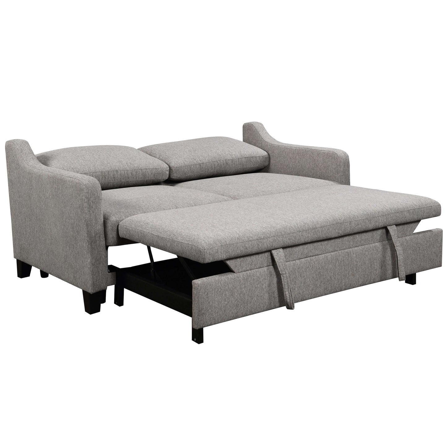 Caruso 69 in. Upholstered Condo Sofa Bed in Light Gray- front and side view fully extended