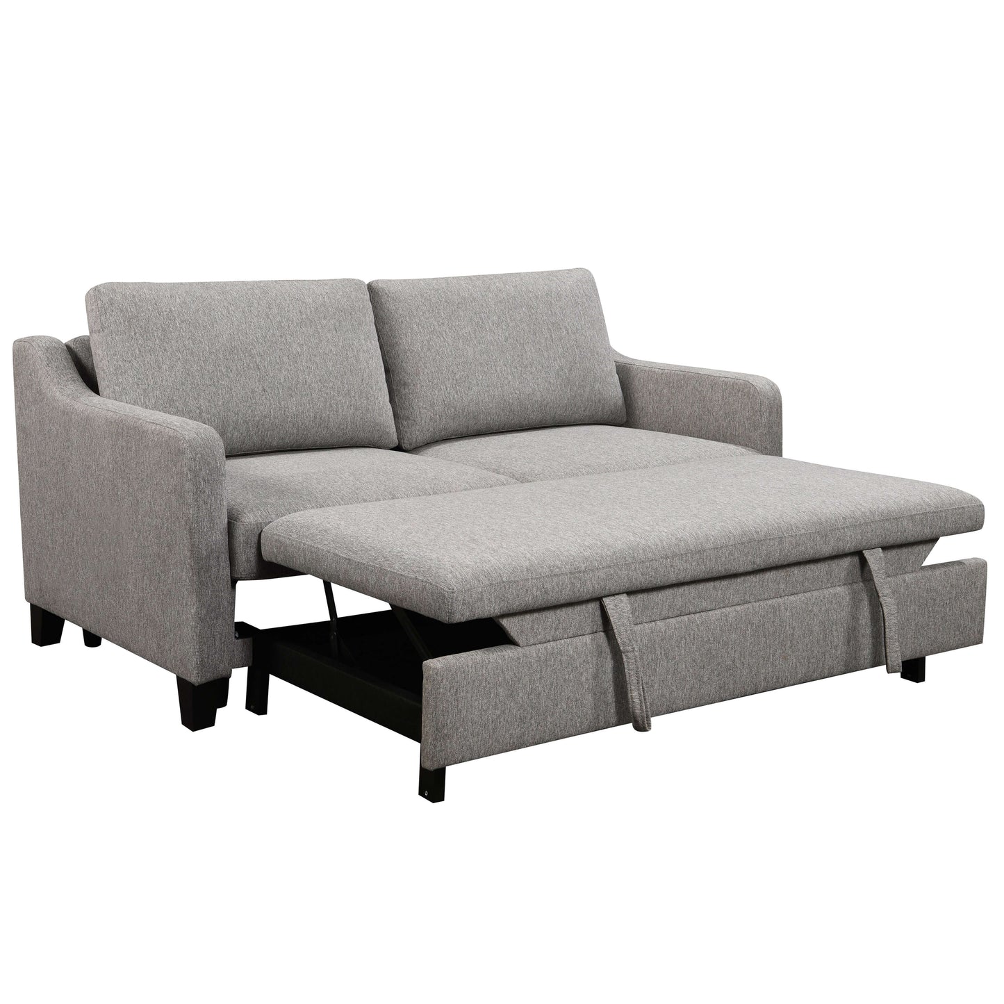 Caruso 69 in. Upholstered Condo Sofa Bed in Light Gray- front and side view with extended leg rest