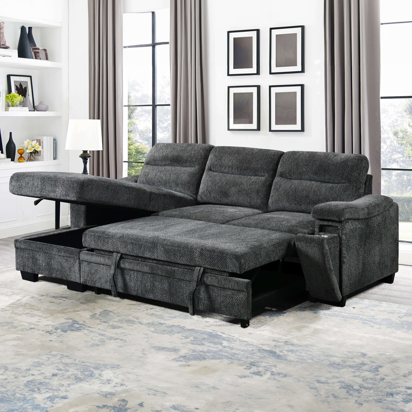 Savio 96 in. Reversible Sleeper Sectional- front and side open front view