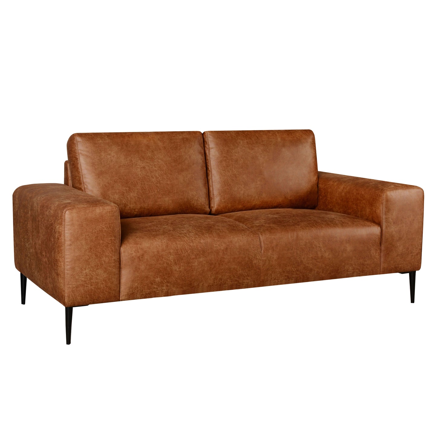 Shona 68 in. Tan Faux Leather Loveseat- front and side background