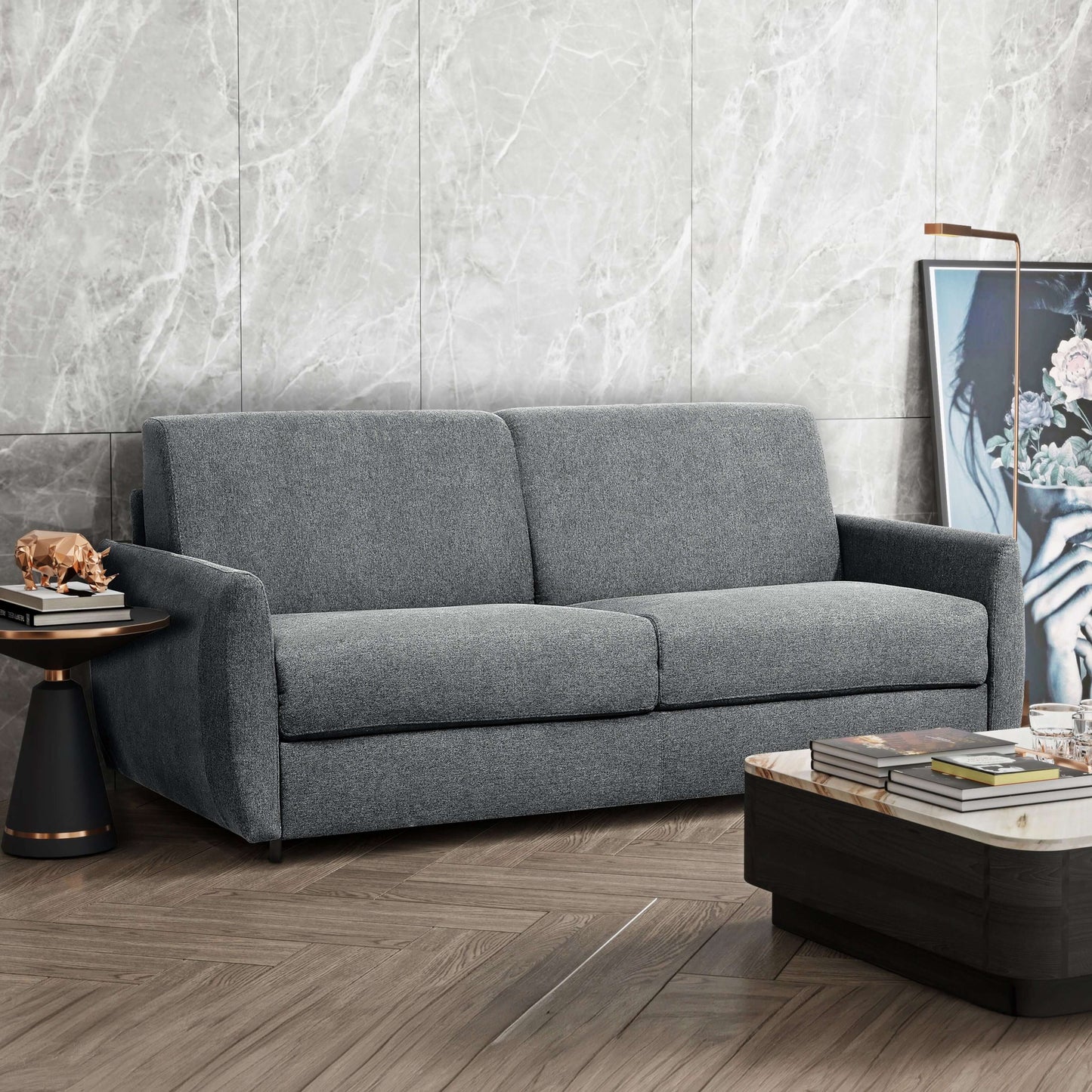 Everett 73 in. Rounded Arm Upholstered Sofa Bed in Dark Gray- front view