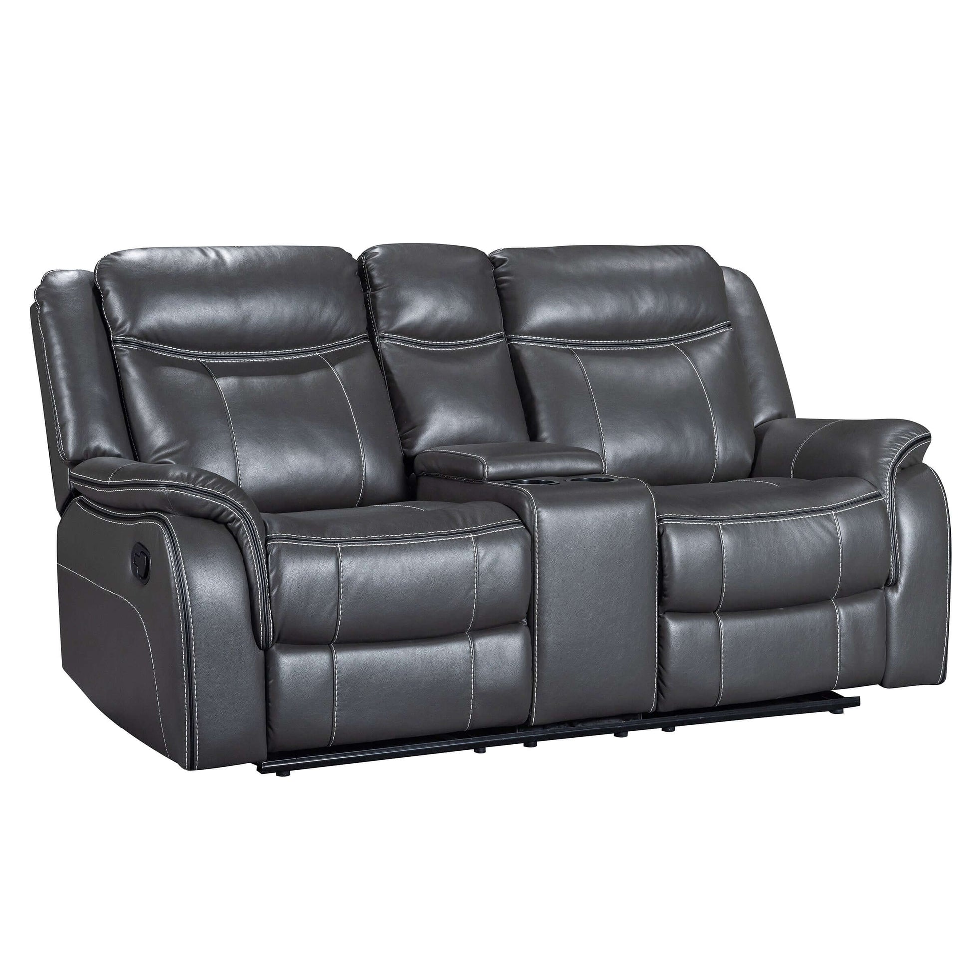 Declan 75 in. Reclining Loveseat with Cupholder Console- front and side view