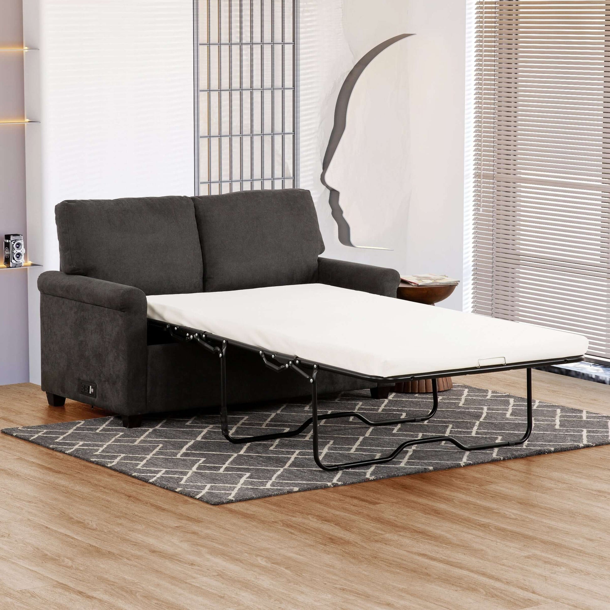 Kensington 54 in. Convertible Twin Sleeper Sofa with USB Ports- front and side view converted