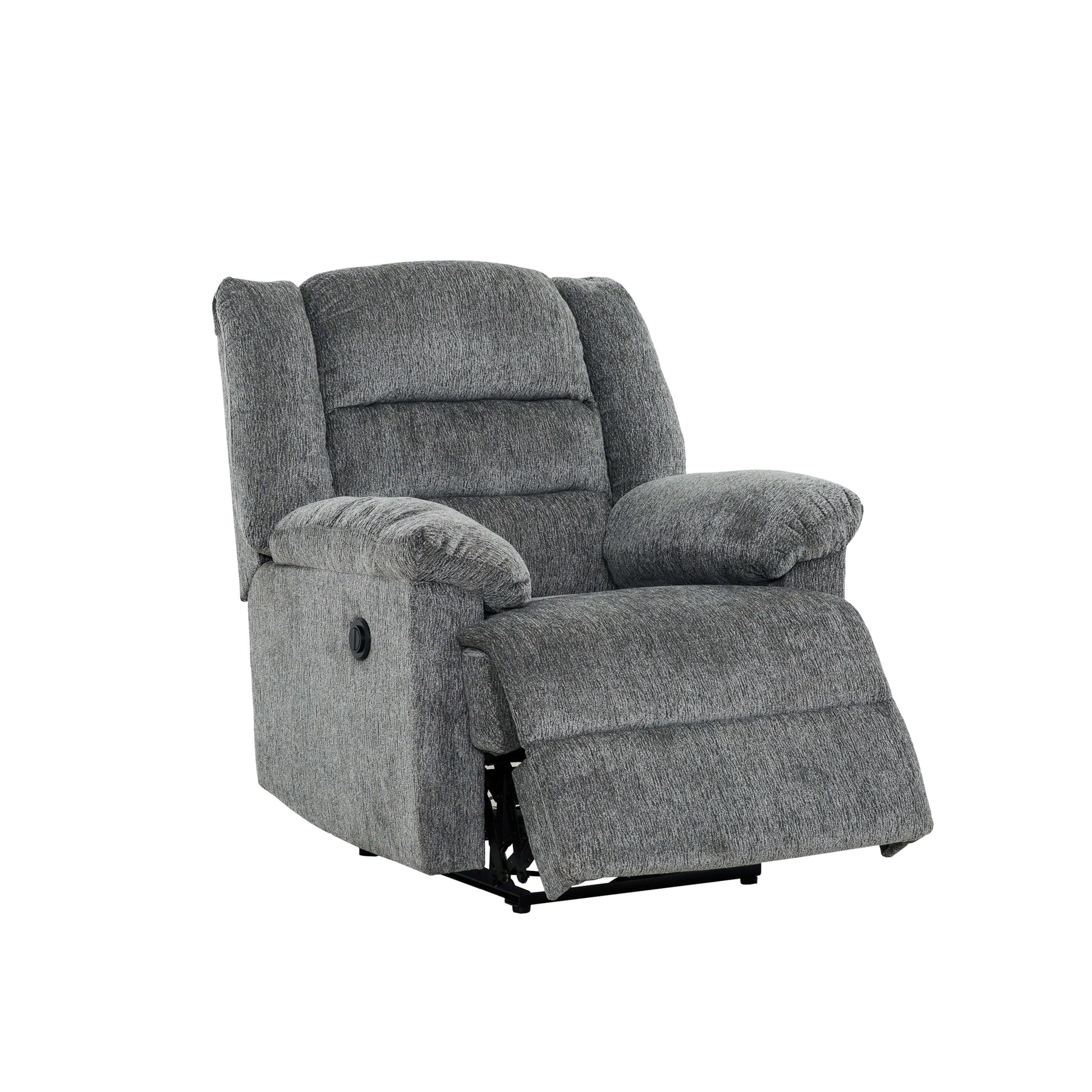 Connor 35 in. Upholstered Power Recliner Chair with Padded Arms- front and side view lifted leg rest