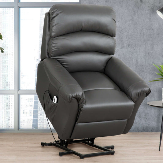 Fitzgerald 37 in. Charcoal Faux Leather Power Lift Recliner- slanted front view
