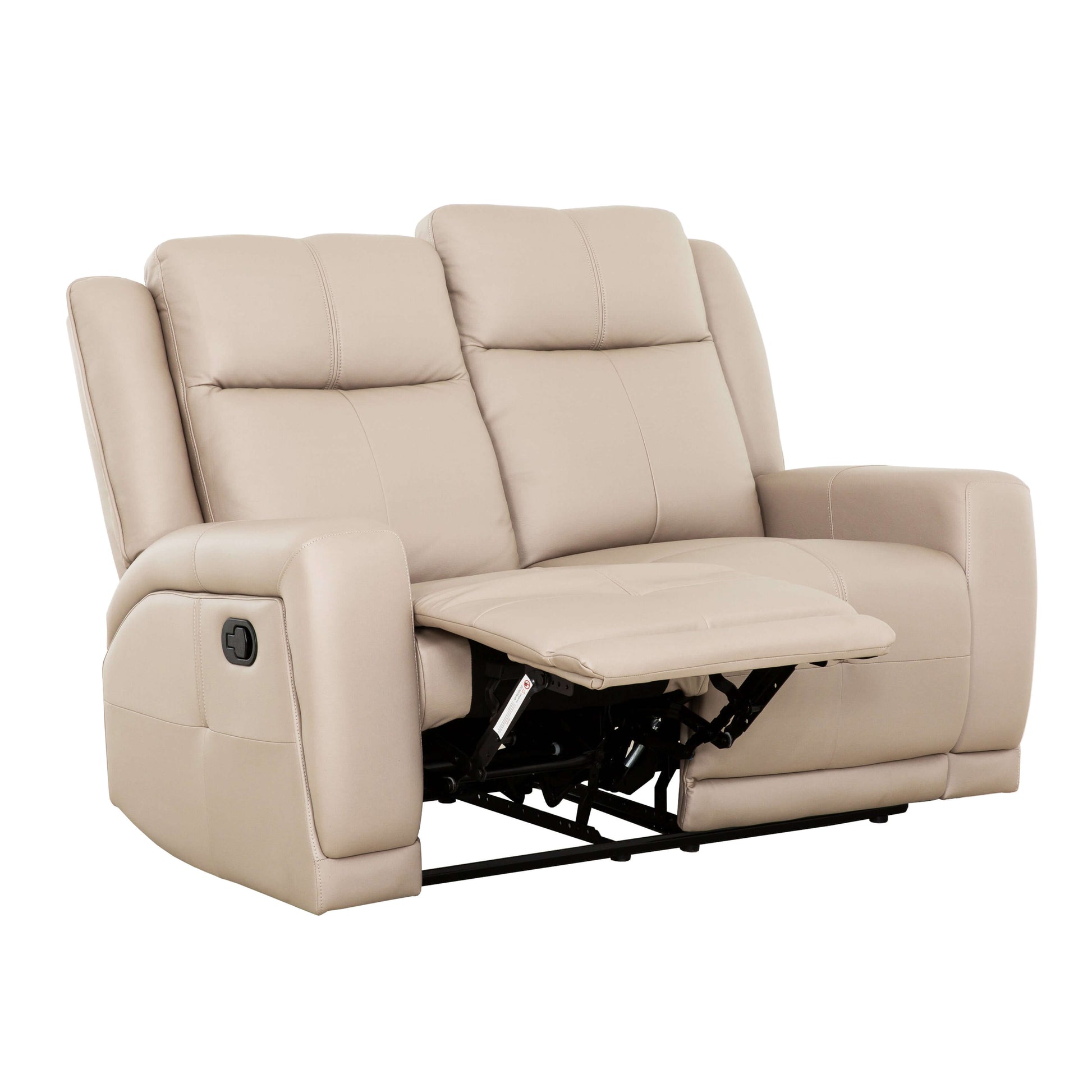 Mattheo 57 in. Taupe Faux Leather Reclining Loveseat- open front and side view