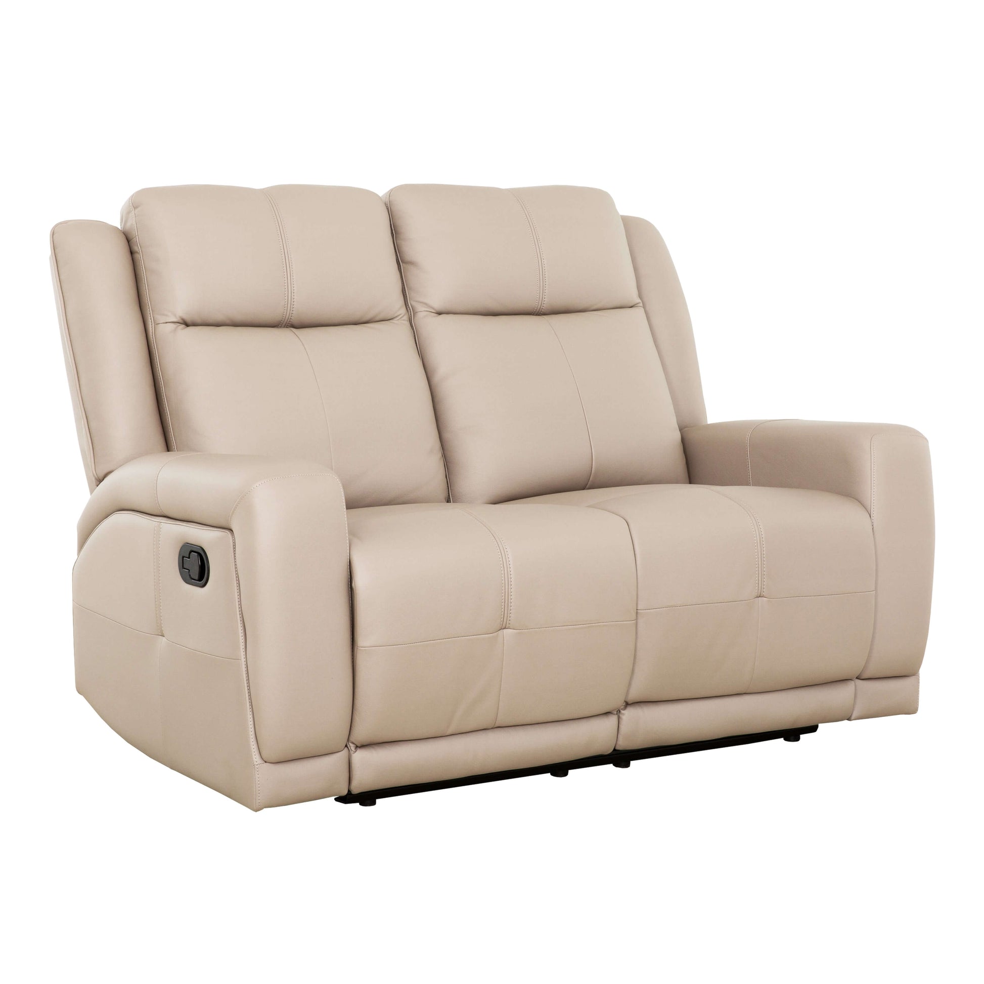 Mattheo 57 in. Taupe Faux Leather Reclining Loveseat- front and side view