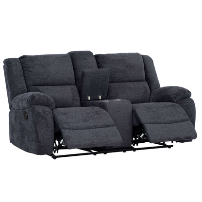 Arthur 76 in. Reclining Loveseat with Cupholder Console- open front and side view