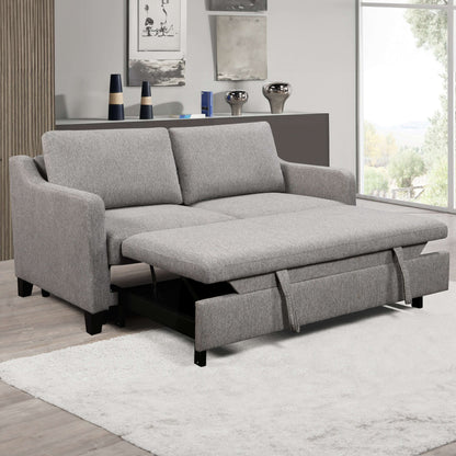 Caruso 69 in. Upholstered Condo Sofa Bed in Light Gray- front and side view with extended legs