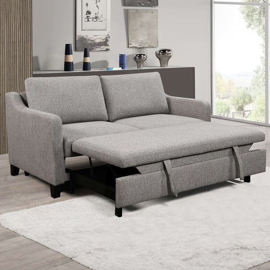 Caruso 69 in. Upholstered Condo Sofa Bed in Light Gray- front and side view with extended legs