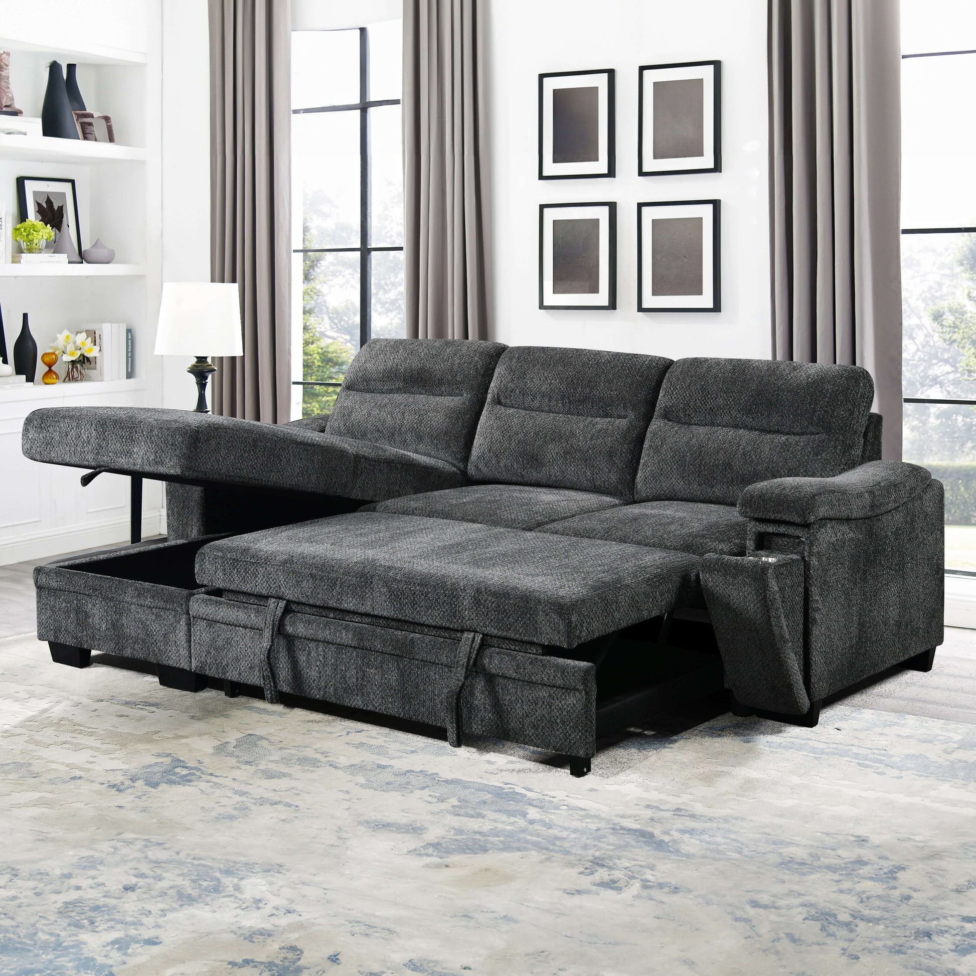 Savio 96 in. Reversible Sleeper Sectional- front and side open front view